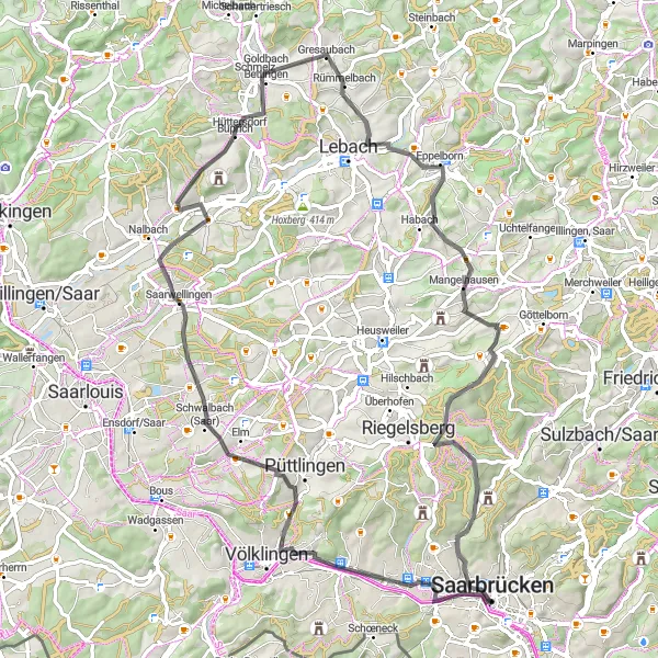 Map miniature of "Saarbrücken Hills" cycling inspiration in Saarland, Germany. Generated by Tarmacs.app cycling route planner
