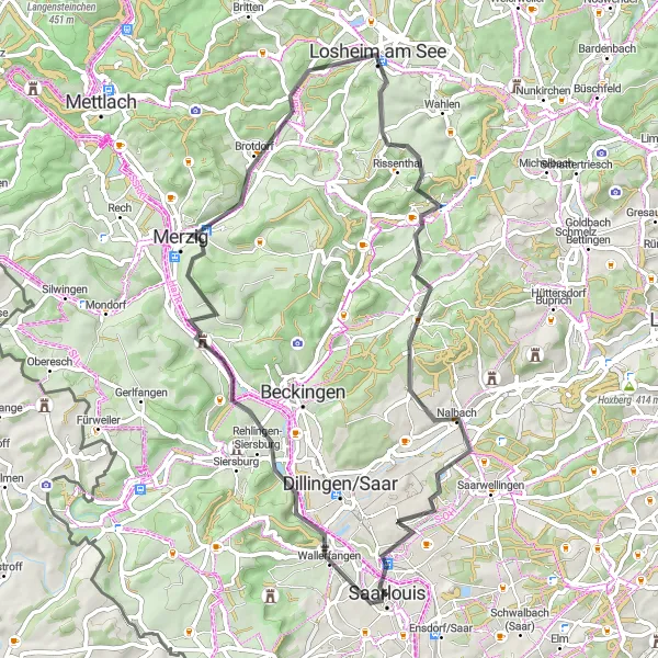 Map miniature of "Through the Forests and Hills" cycling inspiration in Saarland, Germany. Generated by Tarmacs.app cycling route planner