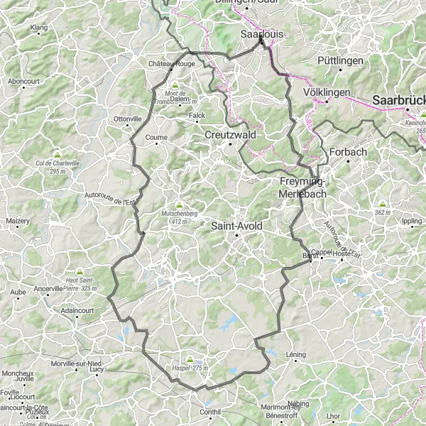 Map miniature of "The Saarland Epic Road" cycling inspiration in Saarland, Germany. Generated by Tarmacs.app cycling route planner