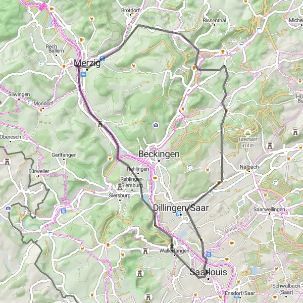 Karten-Miniaturansicht der Radinspiration "Saarlouis - Merzig - Saarlouis" in Saarland, Germany. Erstellt vom Tarmacs.app-Routenplaner für Radtouren