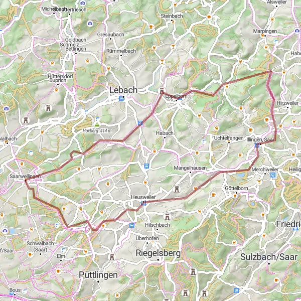 Karten-Miniaturansicht der Radinspiration "Gravelroute um Saarwellingen" in Saarland, Germany. Erstellt vom Tarmacs.app-Routenplaner für Radtouren