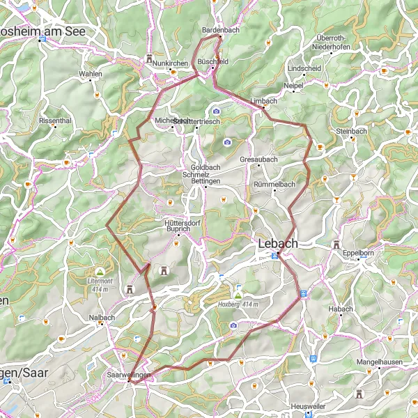 Map miniature of "The Hidden Gems" cycling inspiration in Saarland, Germany. Generated by Tarmacs.app cycling route planner