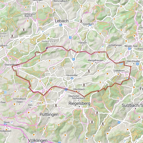Karten-Miniaturansicht der Radinspiration "Kleine Saarschleife um Saarwellingen" in Saarland, Germany. Erstellt vom Tarmacs.app-Routenplaner für Radtouren