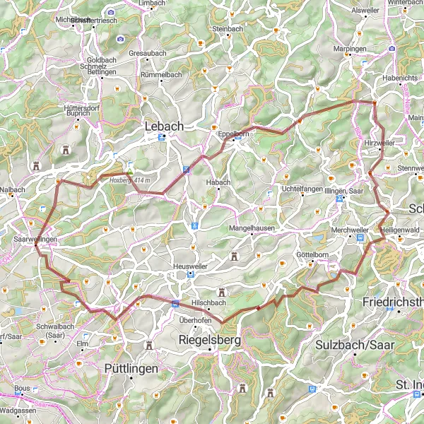 Karten-Miniaturansicht der Radinspiration "Gravelabenteuer um Saarwellingen" in Saarland, Germany. Erstellt vom Tarmacs.app-Routenplaner für Radtouren