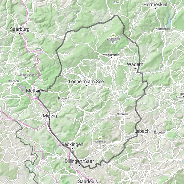 Map miniature of "Scenic Saar Valley" cycling inspiration in Saarland, Germany. Generated by Tarmacs.app cycling route planner