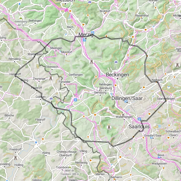 Karten-Miniaturansicht der Radinspiration "Rundtour Saarlouis-Honzrath" in Saarland, Germany. Erstellt vom Tarmacs.app-Routenplaner für Radtouren