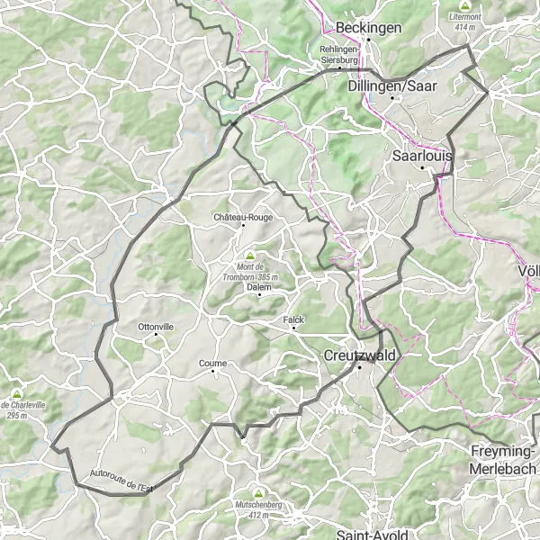 Karten-Miniaturansicht der Radinspiration "Road Route nach Bouzonville" in Saarland, Germany. Erstellt vom Tarmacs.app-Routenplaner für Radtouren