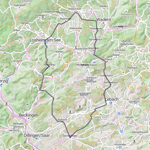 Map miniature of "The Road Explorer" cycling inspiration in Saarland, Germany. Generated by Tarmacs.app cycling route planner
