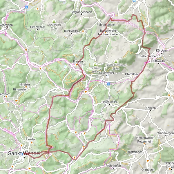 Karten-Miniaturansicht der Radinspiration "Gravel Tour zum Bosenberg und Kahlenberg" in Saarland, Germany. Erstellt vom Tarmacs.app-Routenplaner für Radtouren