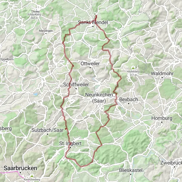 Karten-Miniaturansicht der Radinspiration "Gravel Tour zum Gorrenberg und Hoferkopf" in Saarland, Germany. Erstellt vom Tarmacs.app-Routenplaner für Radtouren