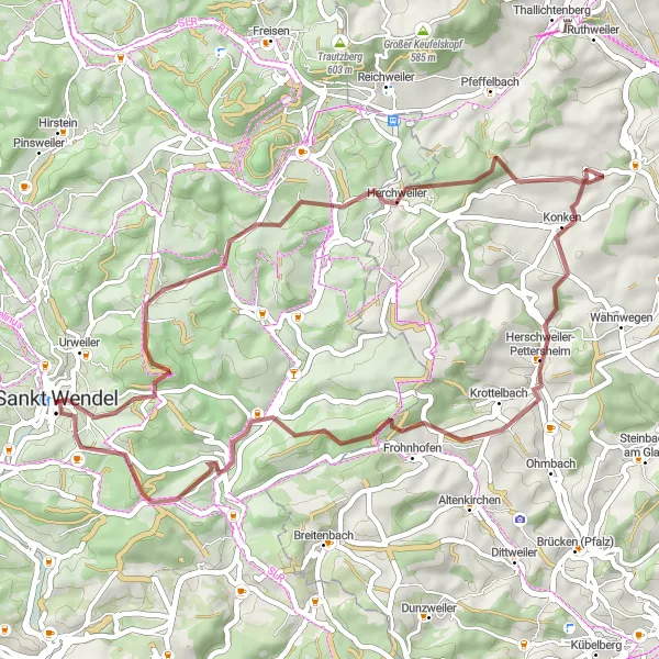 Karten-Miniaturansicht der Radinspiration "Abenteuerliche Schotterwege rund um Sankt Wendel" in Saarland, Germany. Erstellt vom Tarmacs.app-Routenplaner für Radtouren