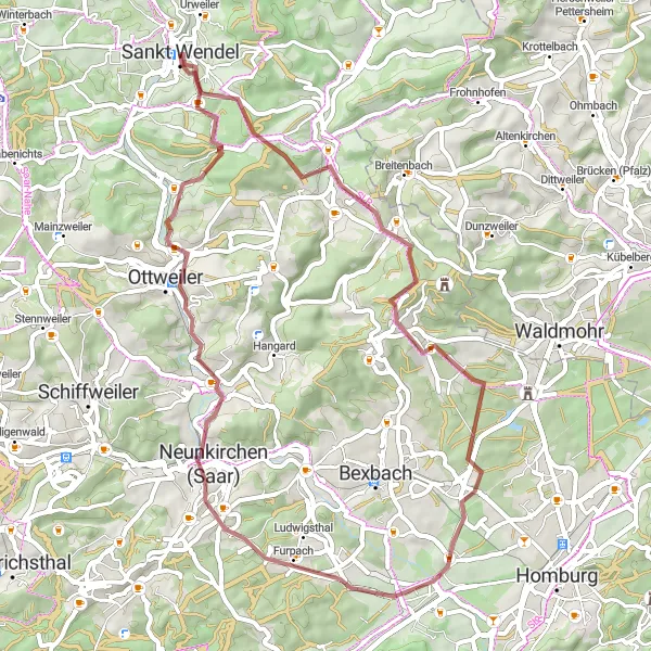 Karten-Miniaturansicht der Radinspiration "Gravel-Abenteuer um Sankt Wendel" in Saarland, Germany. Erstellt vom Tarmacs.app-Routenplaner für Radtouren