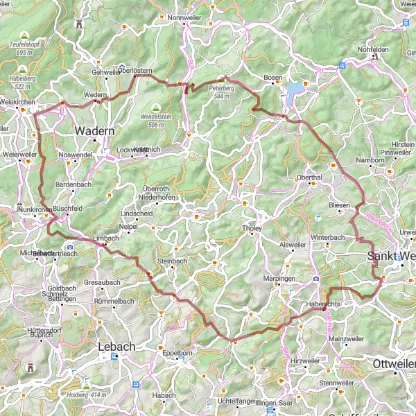 Map miniature of "Challenging Gravel Ride to Neunkirchen" cycling inspiration in Saarland, Germany. Generated by Tarmacs.app cycling route planner