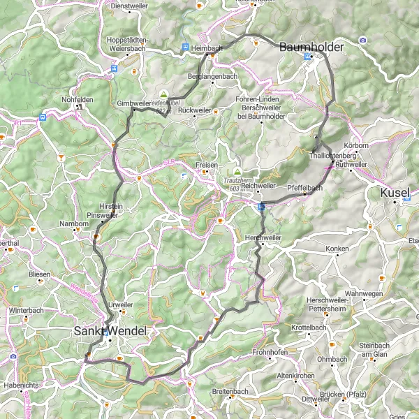 Karten-Miniaturansicht der Radinspiration "Road Tour zum Guckenberg und Spiemont" in Saarland, Germany. Erstellt vom Tarmacs.app-Routenplaner für Radtouren