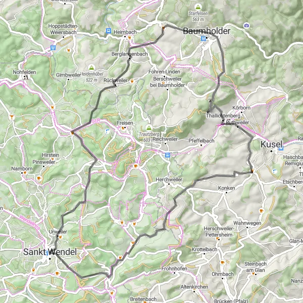 Map miniature of "Scenic Road Cycling Loop from Sankt Wendel" cycling inspiration in Saarland, Germany. Generated by Tarmacs.app cycling route planner