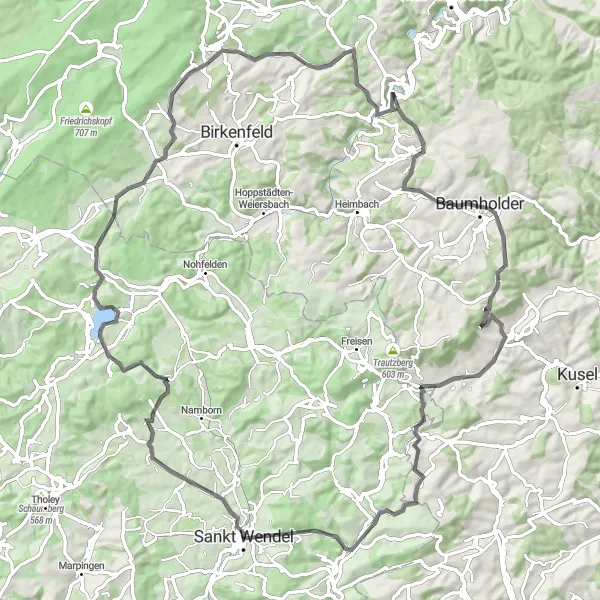 Map miniature of "Road Cycling Delight near Sankt Wendel" cycling inspiration in Saarland, Germany. Generated by Tarmacs.app cycling route planner