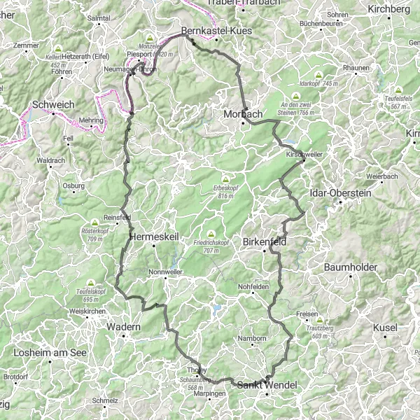 Map miniature of "Saarland Hills Challenge" cycling inspiration in Saarland, Germany. Generated by Tarmacs.app cycling route planner