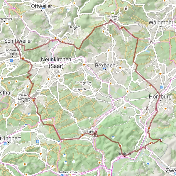Karten-Miniaturansicht der Radinspiration "Abenteuerliche Radtour durch Kirkel und Homburg" in Saarland, Germany. Erstellt vom Tarmacs.app-Routenplaner für Radtouren