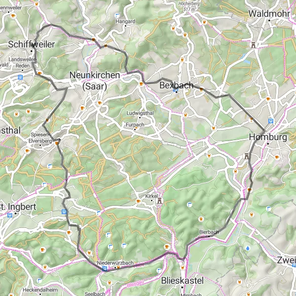 Karten-Miniaturansicht der Radinspiration "Rundkurs ab Schiffweiler - Eberstein und Landsweiler-Reden" in Saarland, Germany. Erstellt vom Tarmacs.app-Routenplaner für Radtouren