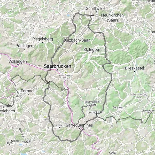 Karten-Miniaturansicht der Radinspiration "Rundtour ab Schiffweiler - Château (ruines) und Heiligenwald" in Saarland, Germany. Erstellt vom Tarmacs.app-Routenplaner für Radtouren