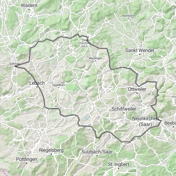 Karten-Miniaturansicht der Radinspiration "Tholey - Lebach Rundstrecke" in Saarland, Germany. Erstellt vom Tarmacs.app-Routenplaner für Radtouren