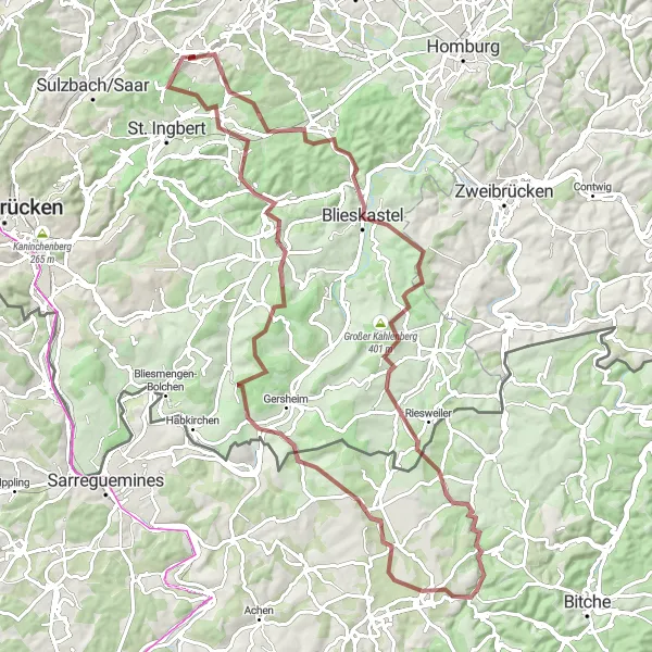 Map miniature of "Steigberg & Obergailbach Gravel Route" cycling inspiration in Saarland, Germany. Generated by Tarmacs.app cycling route planner