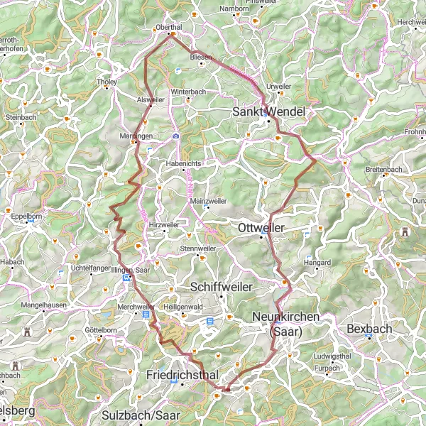 Map miniature of "Kallenberg & Burg Ottweiler Gravel Route" cycling inspiration in Saarland, Germany. Generated by Tarmacs.app cycling route planner