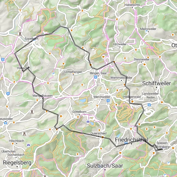 Karten-Miniaturansicht der Radinspiration "Rundtour Friedrichsthal-Elversberg" in Saarland, Germany. Erstellt vom Tarmacs.app-Routenplaner für Radtouren