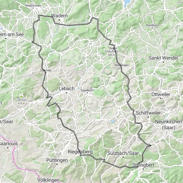 Karten-Miniaturansicht der Radinspiration "Epische Fahrradtour durch Heusweiler - Schaumberg" in Saarland, Germany. Erstellt vom Tarmacs.app-Routenplaner für Radtouren