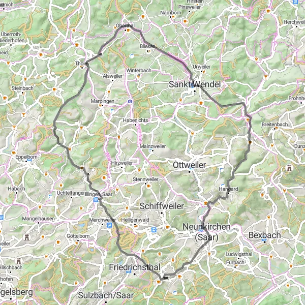 Karten-Miniaturansicht der Radinspiration "Rund um Sankt Wendel" in Saarland, Germany. Erstellt vom Tarmacs.app-Routenplaner für Radtouren