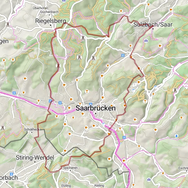 Map miniature of "Gravel Delight" cycling inspiration in Saarland, Germany. Generated by Tarmacs.app cycling route planner