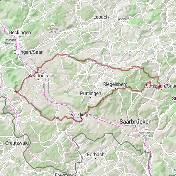Map miniature of "Riegelsberg to Quierschied Gravel Route" cycling inspiration in Saarland, Germany. Generated by Tarmacs.app cycling route planner
