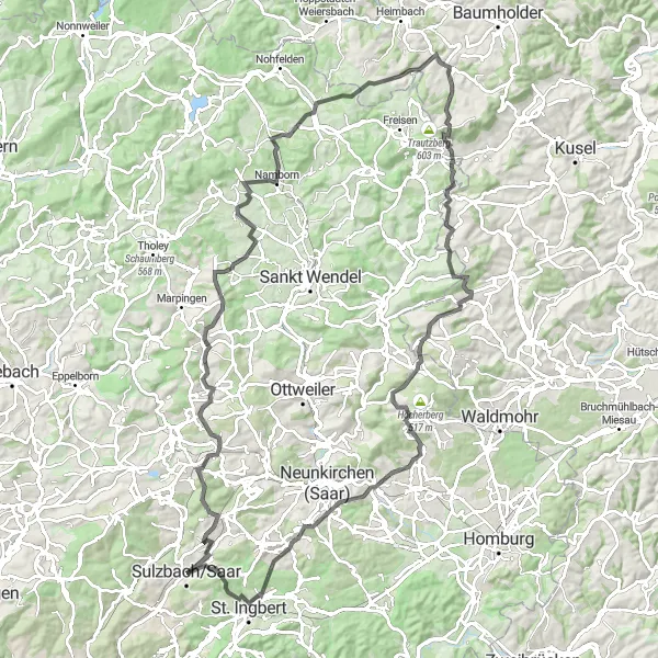 Karten-Miniaturansicht der Radinspiration "Herausfordernder Straßenritt" in Saarland, Germany. Erstellt vom Tarmacs.app-Routenplaner für Radtouren