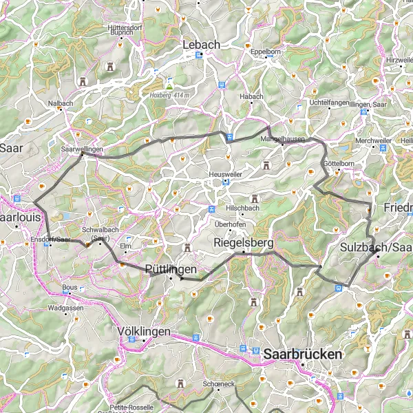 Map miniature of "Riegelsberg to Quierschied Road Route" cycling inspiration in Saarland, Germany. Generated by Tarmacs.app cycling route planner