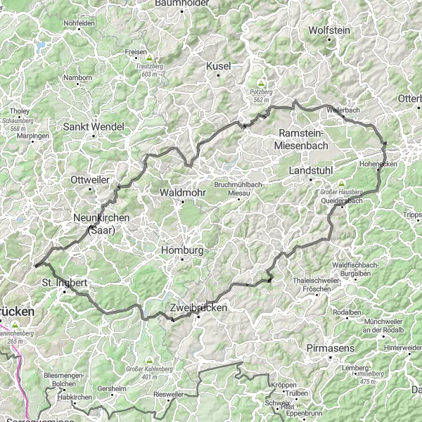 Karten-Miniaturansicht der Radinspiration "Herausfordernde Rundtour zu Blieskastel und Zweibrücken" in Saarland, Germany. Erstellt vom Tarmacs.app-Routenplaner für Radtouren