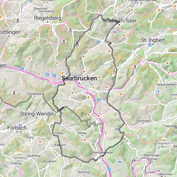 Karten-Miniaturansicht der Radinspiration "Kulturreiche Route durch Kerbach und Brennender Berg" in Saarland, Germany. Erstellt vom Tarmacs.app-Routenplaner für Radtouren