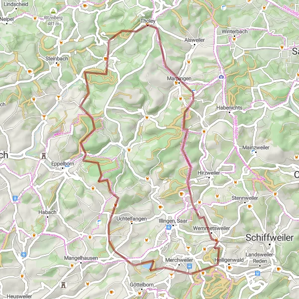 Map miniature of "The Marpingen Loop" cycling inspiration in Saarland, Germany. Generated by Tarmacs.app cycling route planner
