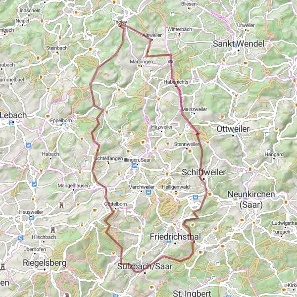 Map miniature of "The Sulzbach Loop" cycling inspiration in Saarland, Germany. Generated by Tarmacs.app cycling route planner