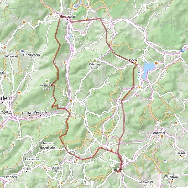 Karten-Miniaturansicht der Radinspiration "Spannende Gravel-Strecken rund um Tholey" in Saarland, Germany. Erstellt vom Tarmacs.app-Routenplaner für Radtouren