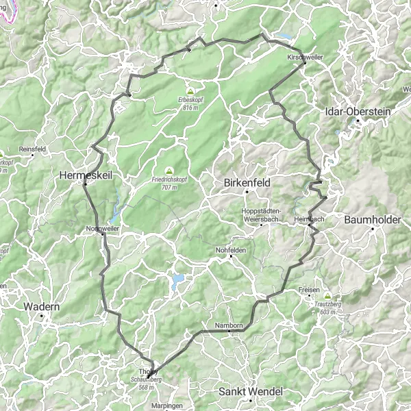 Karten-Miniaturansicht der Radinspiration "Herausfordernde Rundtour um Tholey und Hermeskeil" in Saarland, Germany. Erstellt vom Tarmacs.app-Routenplaner für Radtouren