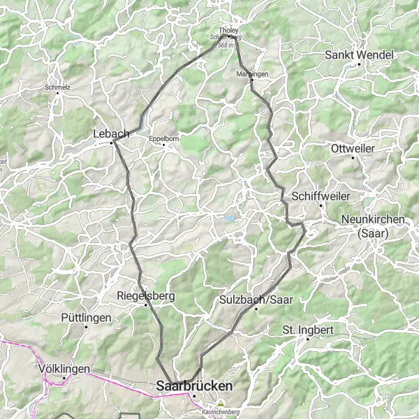 Map miniature of "Saarland Hills Circuit" cycling inspiration in Saarland, Germany. Generated by Tarmacs.app cycling route planner