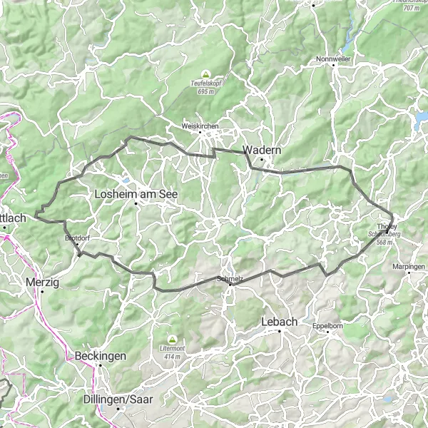 Karten-Miniaturansicht der Radinspiration "Herausfordernde Road-Tour durch das Saarland" in Saarland, Germany. Erstellt vom Tarmacs.app-Routenplaner für Radtouren
