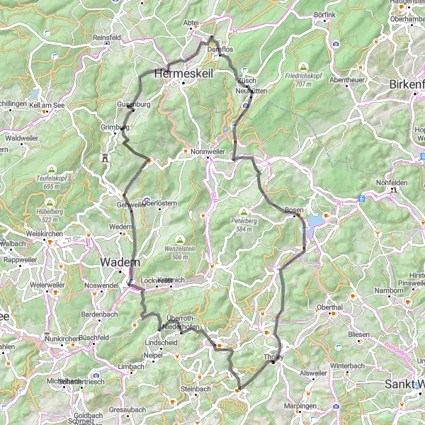 Map miniature of "Tholey Loop" cycling inspiration in Saarland, Germany. Generated by Tarmacs.app cycling route planner