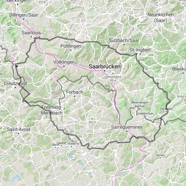 Karten-Miniaturansicht der Radinspiration "Panorama-Tour durch Riegelsberg und Bliesbruck" in Saarland, Germany. Erstellt vom Tarmacs.app-Routenplaner für Radtouren