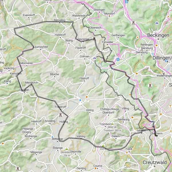 Karten-Miniaturansicht der Radinspiration "Überherrn und umliegende Dörfer" in Saarland, Germany. Erstellt vom Tarmacs.app-Routenplaner für Radtouren