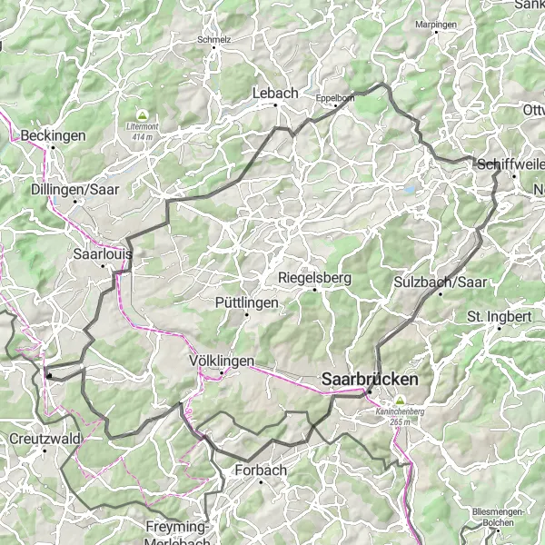 Karten-Miniaturansicht der Radinspiration "Bergige Saar-Runde" in Saarland, Germany. Erstellt vom Tarmacs.app-Routenplaner für Radtouren