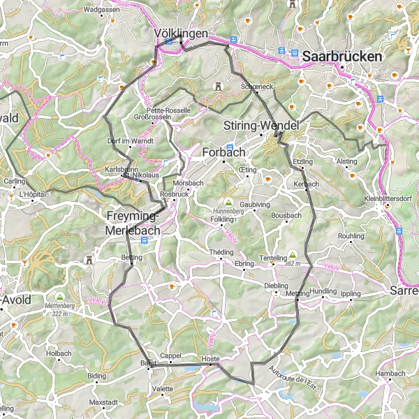 Map miniature of "Exploring Saarland's Roads" cycling inspiration in Saarland, Germany. Generated by Tarmacs.app cycling route planner