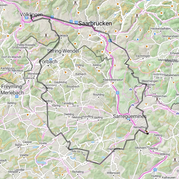 Map miniature of "The Saar Valley Trail" cycling inspiration in Saarland, Germany. Generated by Tarmacs.app cycling route planner