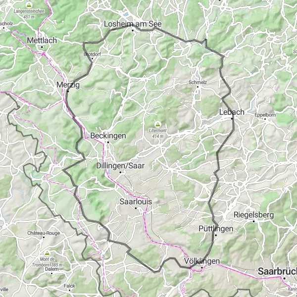 Map miniature of "Challenging Loop through Saar-Hunsrück Nature Park" cycling inspiration in Saarland, Germany. Generated by Tarmacs.app cycling route planner