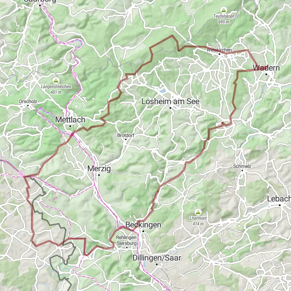 Karten-Miniaturansicht der Radinspiration "Umfangreiche Gravel Tour um Wadern" in Saarland, Germany. Erstellt vom Tarmacs.app-Routenplaner für Radtouren